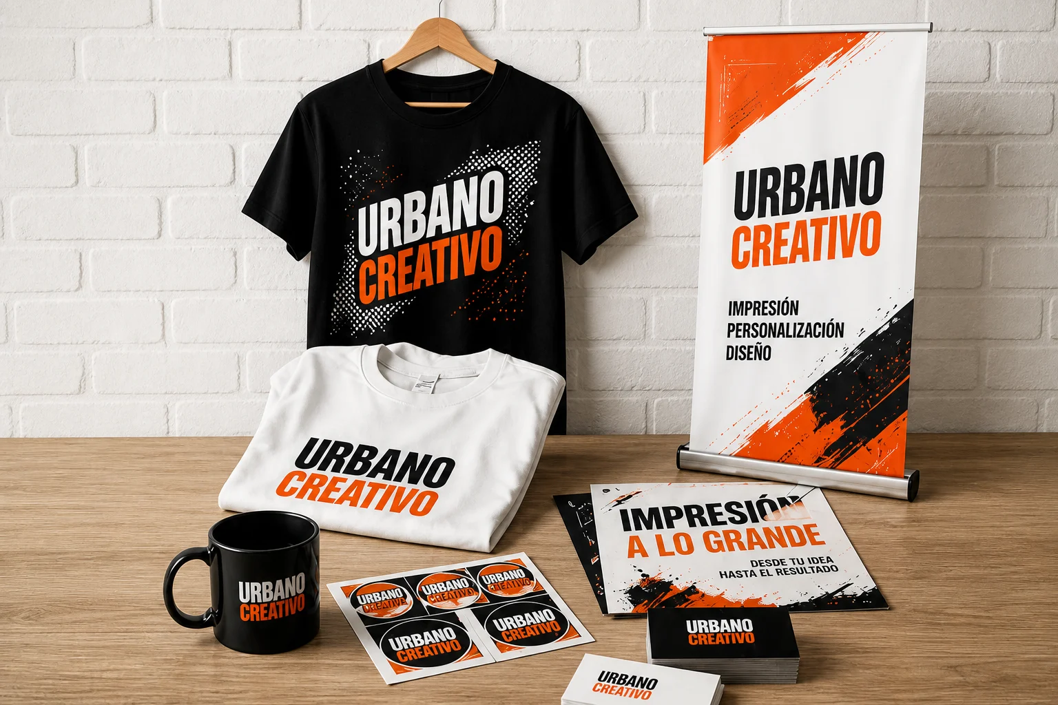 Poleras, tazón, stickers, tarjetas, flyers y pendón personalizados por Urbano Creativo